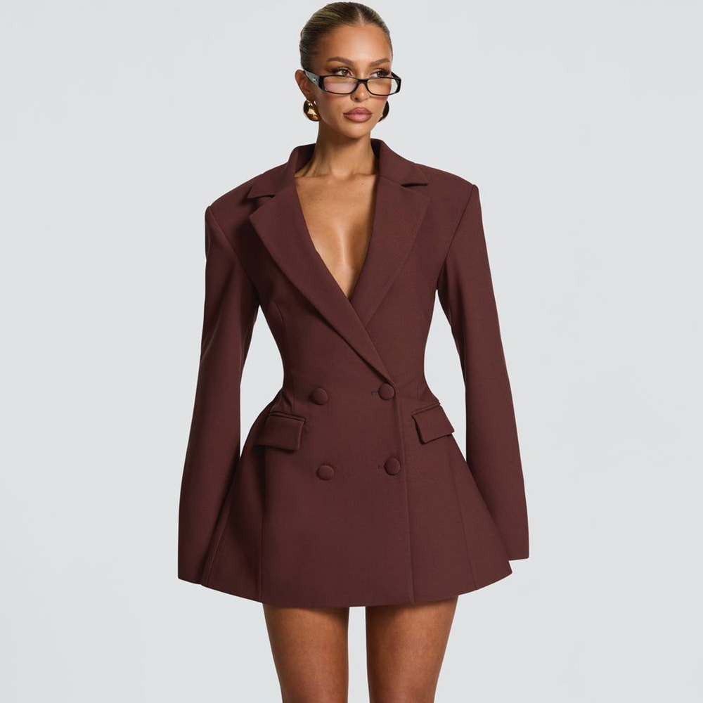 Women'S Formal Jackets To Wear With Dresses - Zarif Kadın Kahverengi Kloş Blazer Elbise