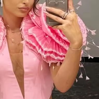 Women Formal Wear Online - Pembe İki Parçalı Abiye Elbiseler, Omuzda
